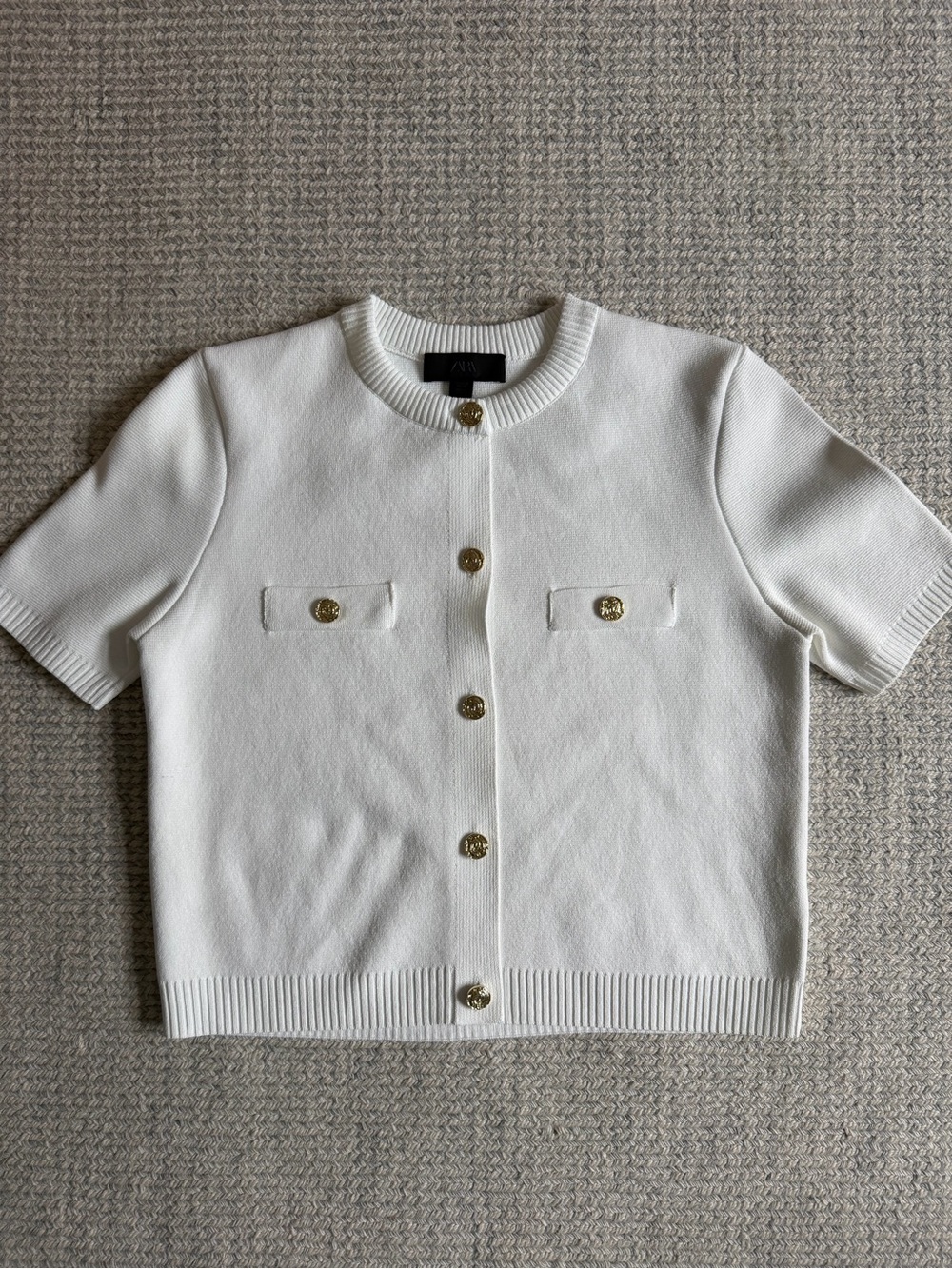NWOT - Zara Cream Short-Sleeve Knit Cardigan with Gold Buttons